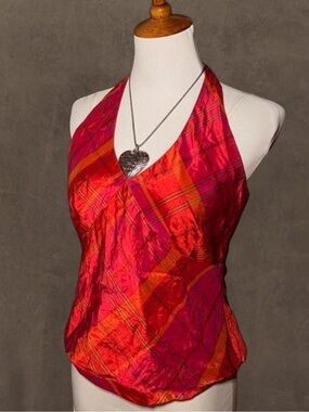 Women's V-Neck Halter Top in Red-Pink Plaid
